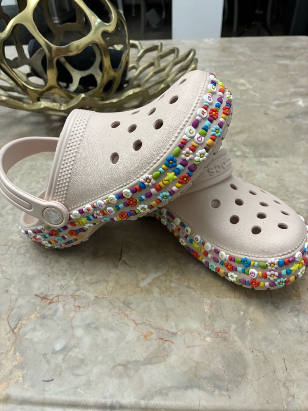 CROCS Kids Classic Clog in Pale Pink with Multicolor Bead Trim